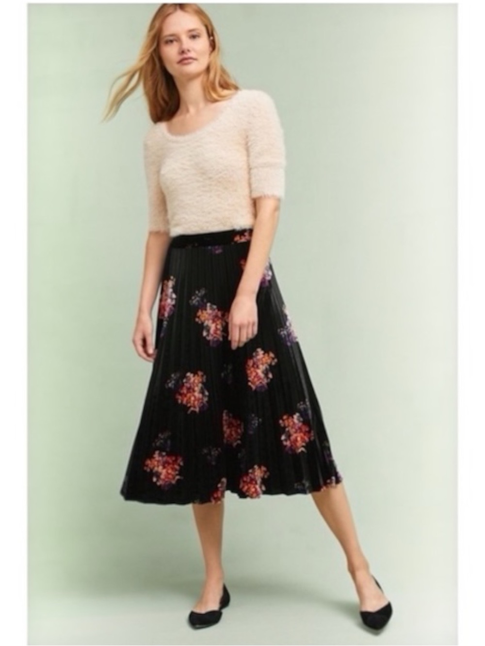 Anthropologie Maeve Black Velvet Floral Pleated Midi Skirt Size XL